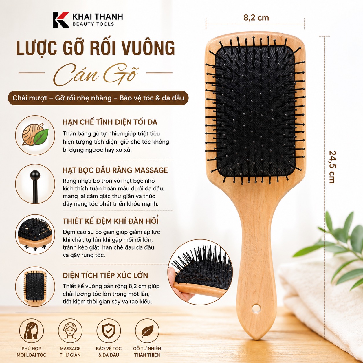 Lược Gỡ Rối Vuông Cán Gỗ XD-127