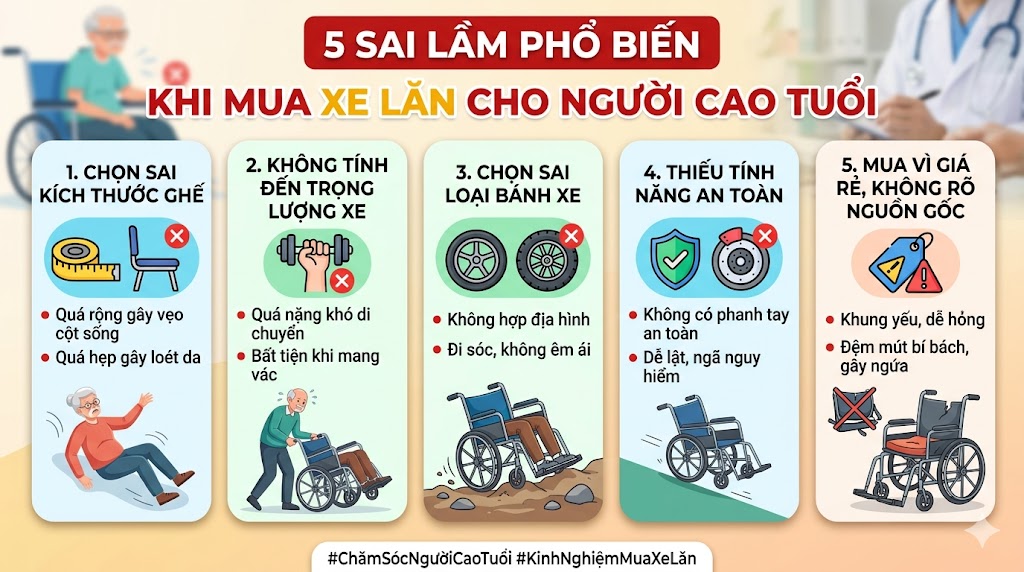 5 sai lầm phổ biến khi mua xe lăn cho người cao tuổi