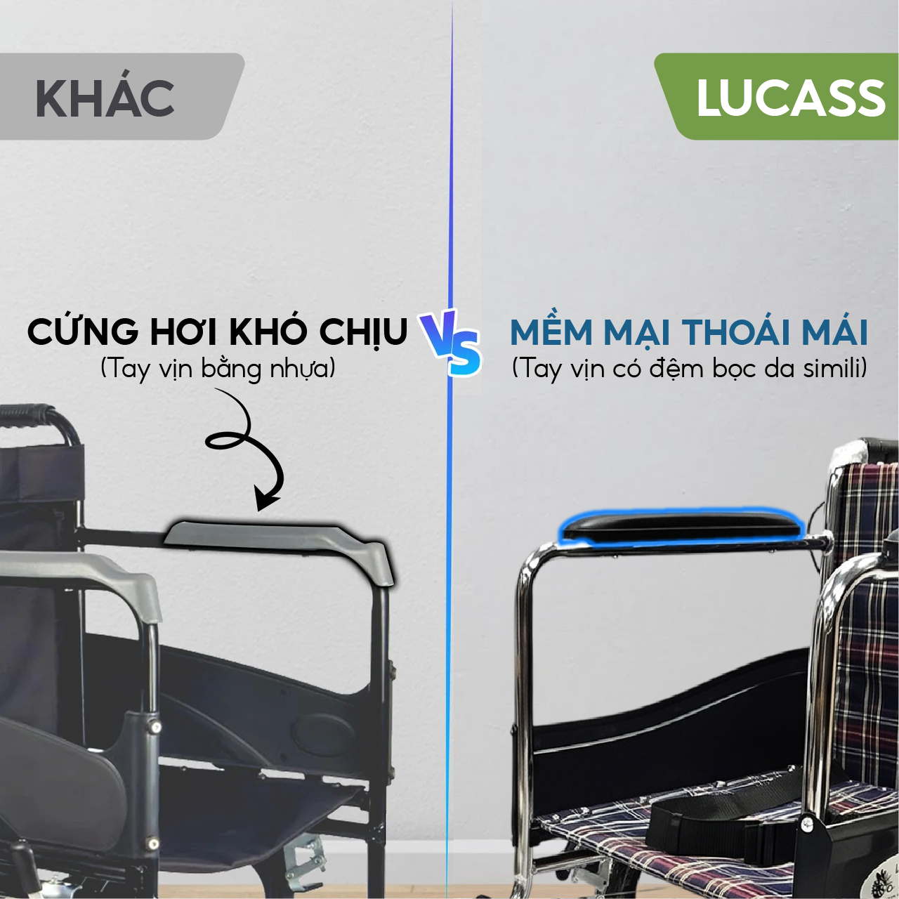 Xe lăn tiêu chuẩn Lucass X96B Gập gọn Chân Bánh Đúc có Phanh Tay