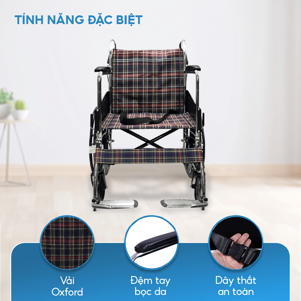Xe lăn tiêu chuẩn Lucass X96B Gập gọn Chân Bánh Đúc có Phanh Tay