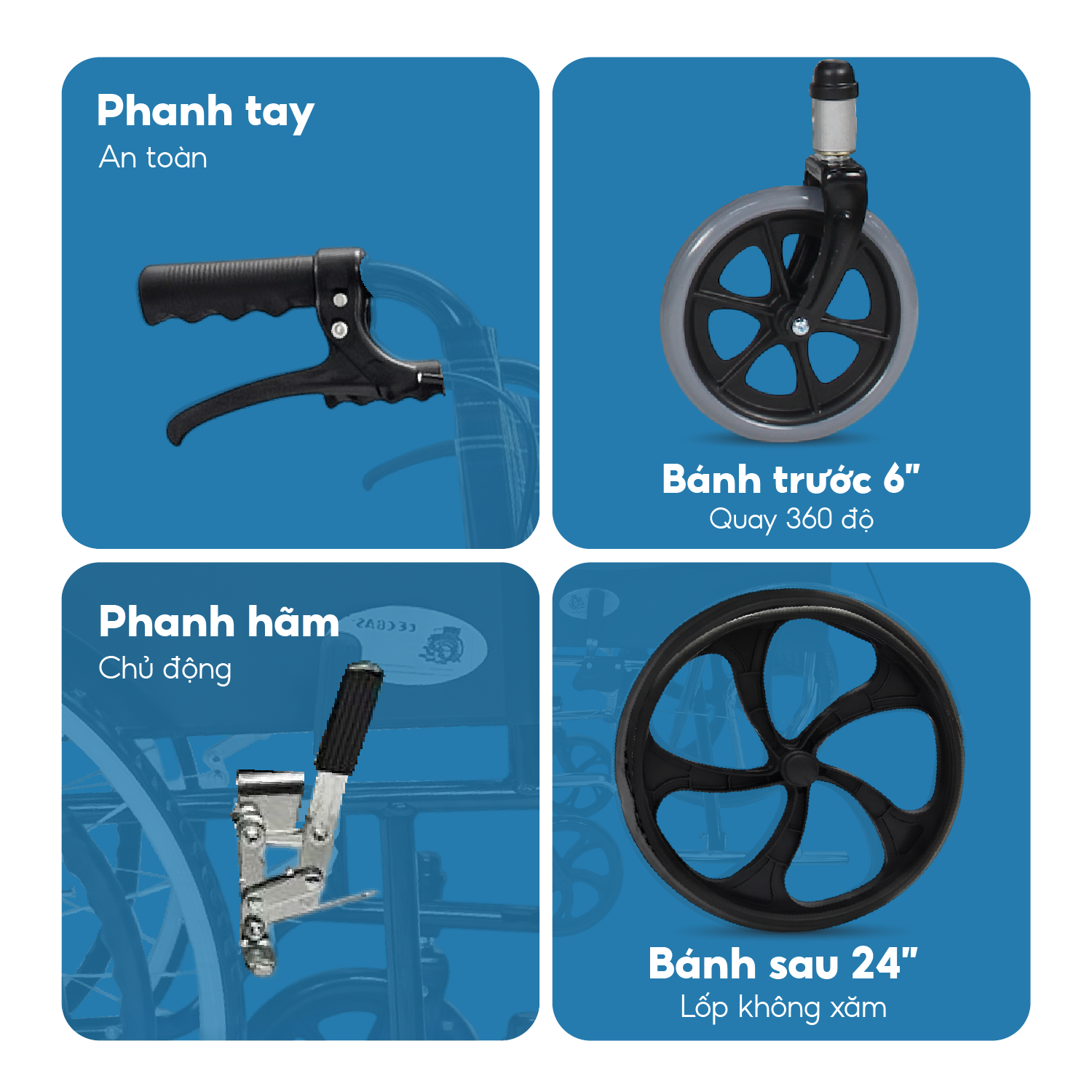 Xe lăn tiêu chuẩn Lucass X96B Gập gọn Chân Bánh Đúc có Phanh Tay