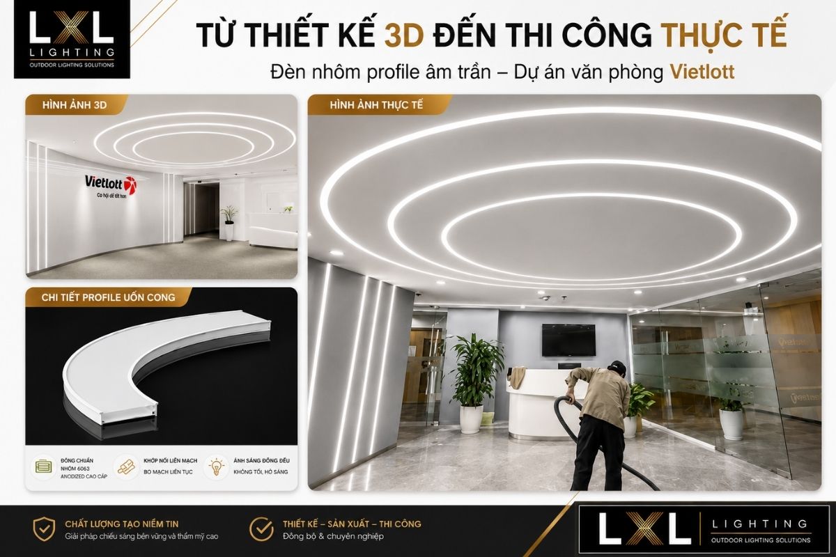 Dự Án Văn Phòng Vietlott Hà Nội- Đèn Nhôm Profile Âm Trần Uốn Cong
