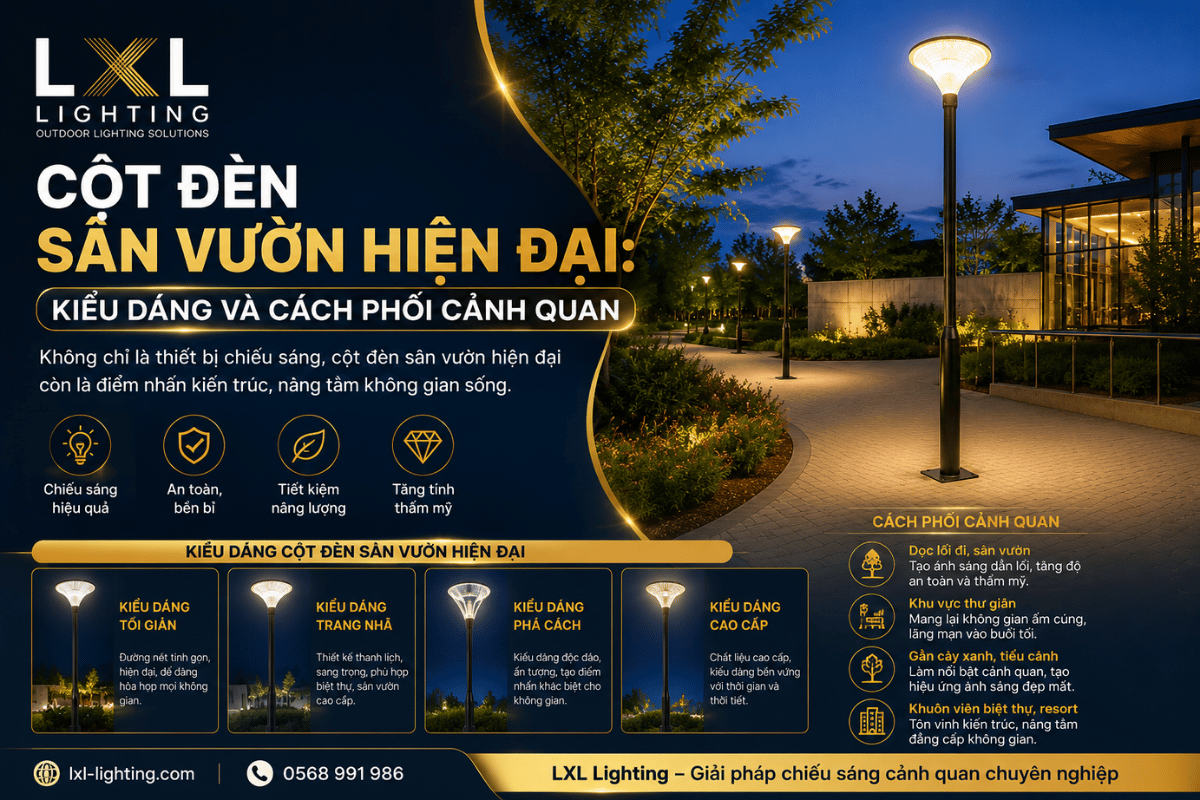 Cột đèn sân vườn hiện đại: Kiểu dáng và cách phối cảnh quan