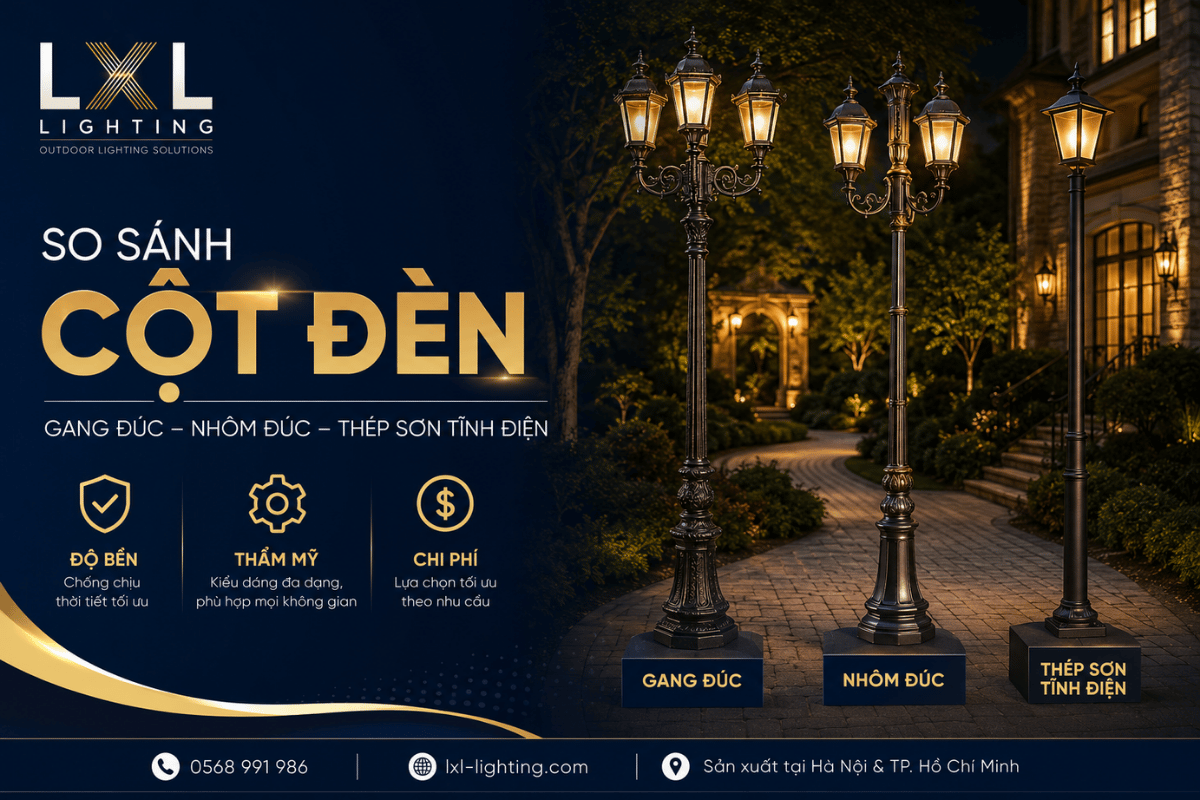 So sánh cột đèn gang đúc, nhôm đúc và thép sơn tĩnh điện