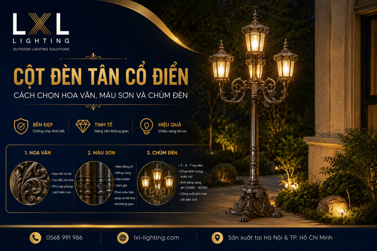 Cột đèn tân cổ điển: Cách chọn hoa văn, màu sơn và chùm đèn