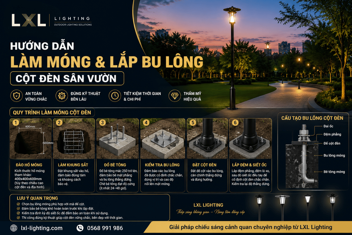 Hướng dẫn làm móng và lắp bu lông cột đèn sân vườn