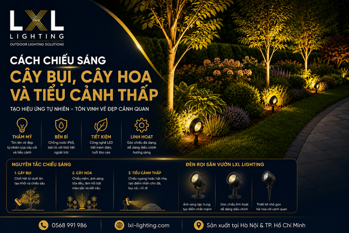 Cách chiếu sáng cây bụi, cây hoa và tiểu cảnh thấp