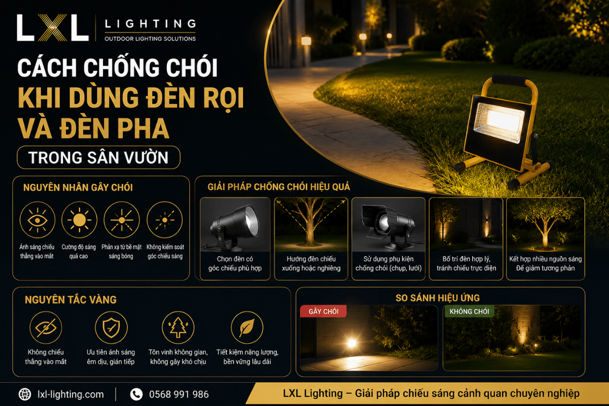 Cách chống chói khi dùng đèn rọi và đèn pha trong sân vườn