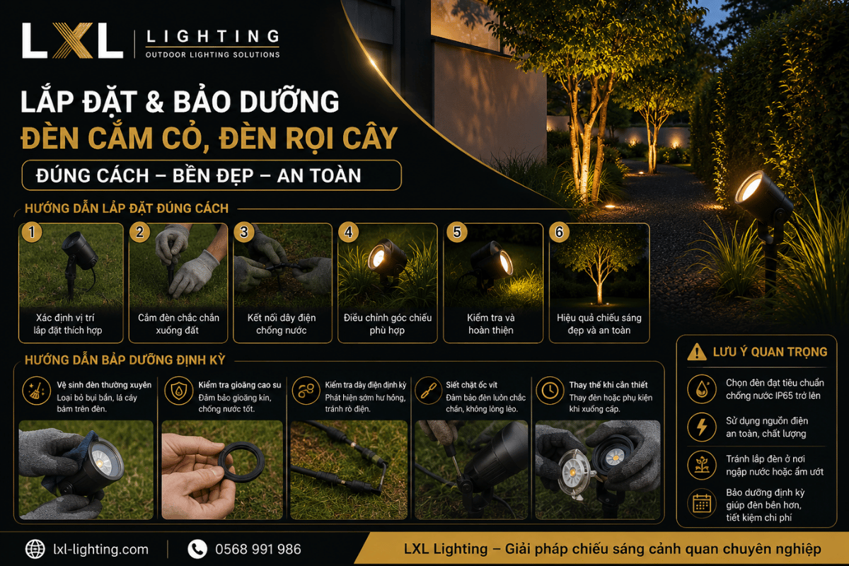 Lắp đặt và bảo dưỡng đèn cắm cỏ, đèn rọi cây đúng cách