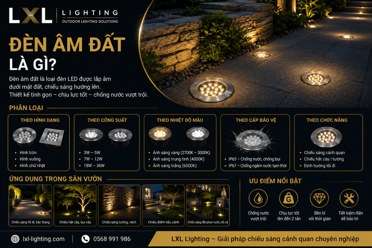 Đèn âm đất là gì? Phân loại và ứng dụng trong sân vườn