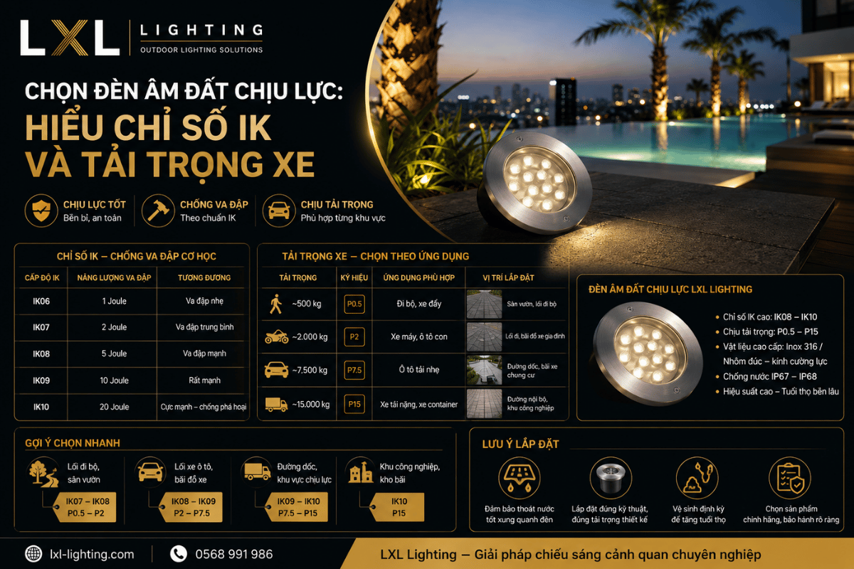 Chọn đèn âm đất chịu lực: Hiểu chỉ số IK và tải trọng xe