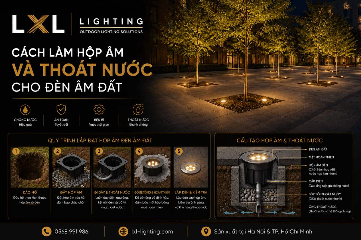 Cách làm hộp âm và thoát nước cho đèn âm đất