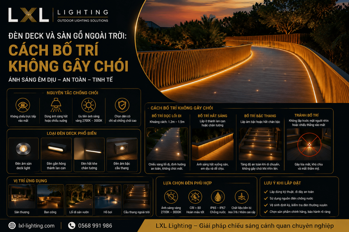 Đèn deck và sàn gỗ ngoài trời: Cách bố trí không gây chói