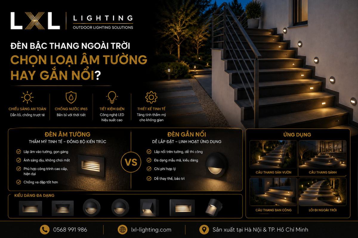 Đèn bậc thang ngoài trời: Chọn loại âm tường hay gắn nổi?