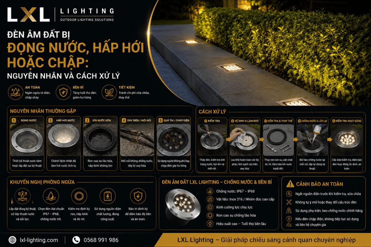 Đèn âm đất bị đọng nước, hấp hơi hoặc chập: Nguyên nhân và cách xử lý