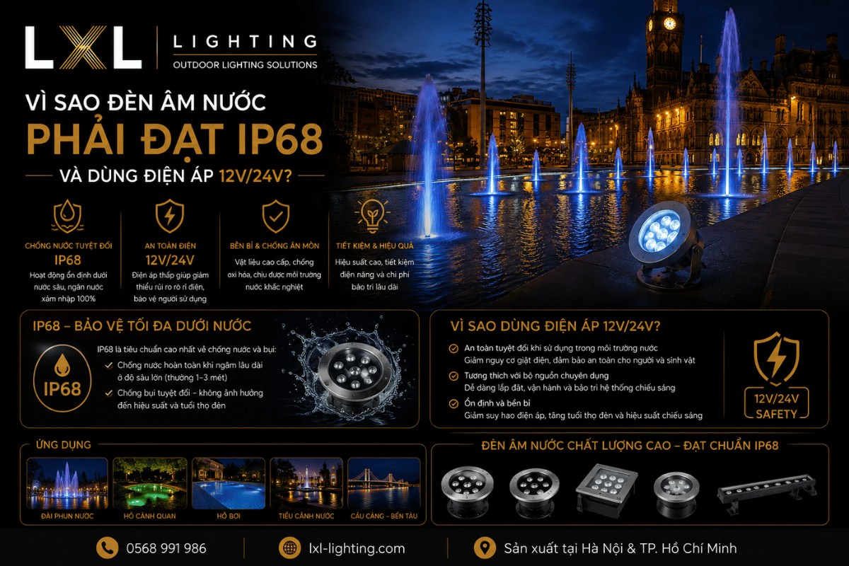 Vì sao đèn âm nước phải đạt IP68 và dùng điện áp 12V/24V?