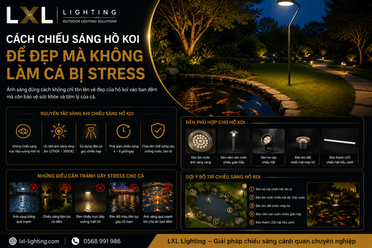 Cách chiếu sáng hồ Koi để đẹp mà không làm cá bị stress