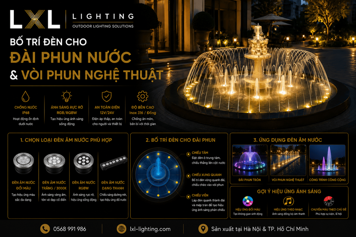 Bố trí đèn cho đài phun nước và vòi phun nghệ thuật
