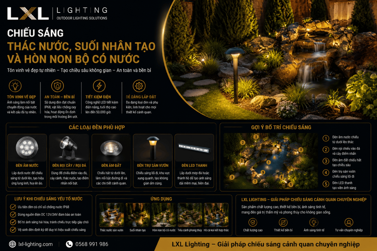 Chiếu sáng thác nước, suối nhân tạo và hòn non bộ có nước