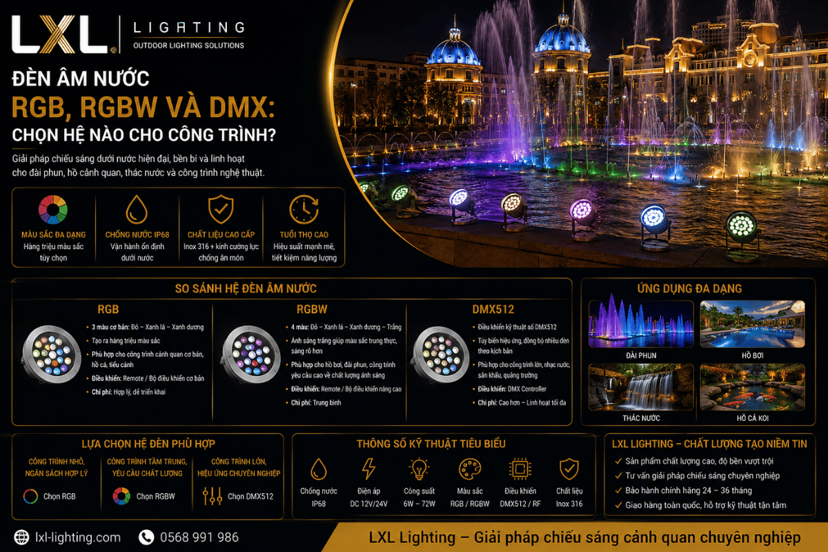 Đèn âm nước RGB, RGBW và DMX: Chọn hệ nào cho công trình?