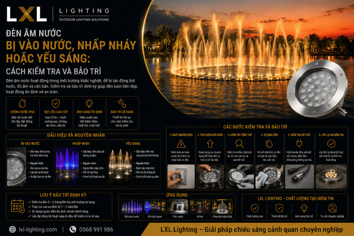 Đèn âm nước bị vào nước, nhấp nháy hoặc yếu sáng: Cách kiểm tra và bảo trì
