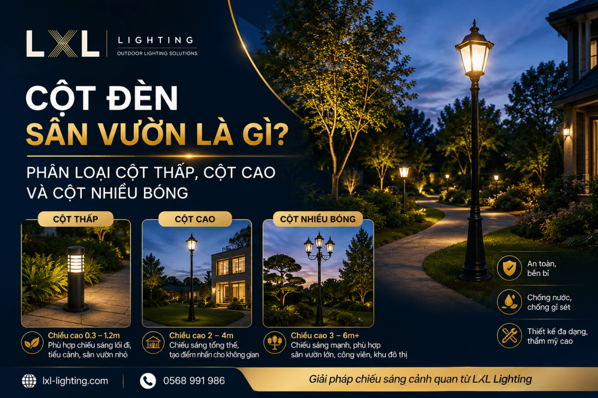 Cột đèn sân vườn là gì? Phân loại cột thấp, cột cao và cột nhiều bóng