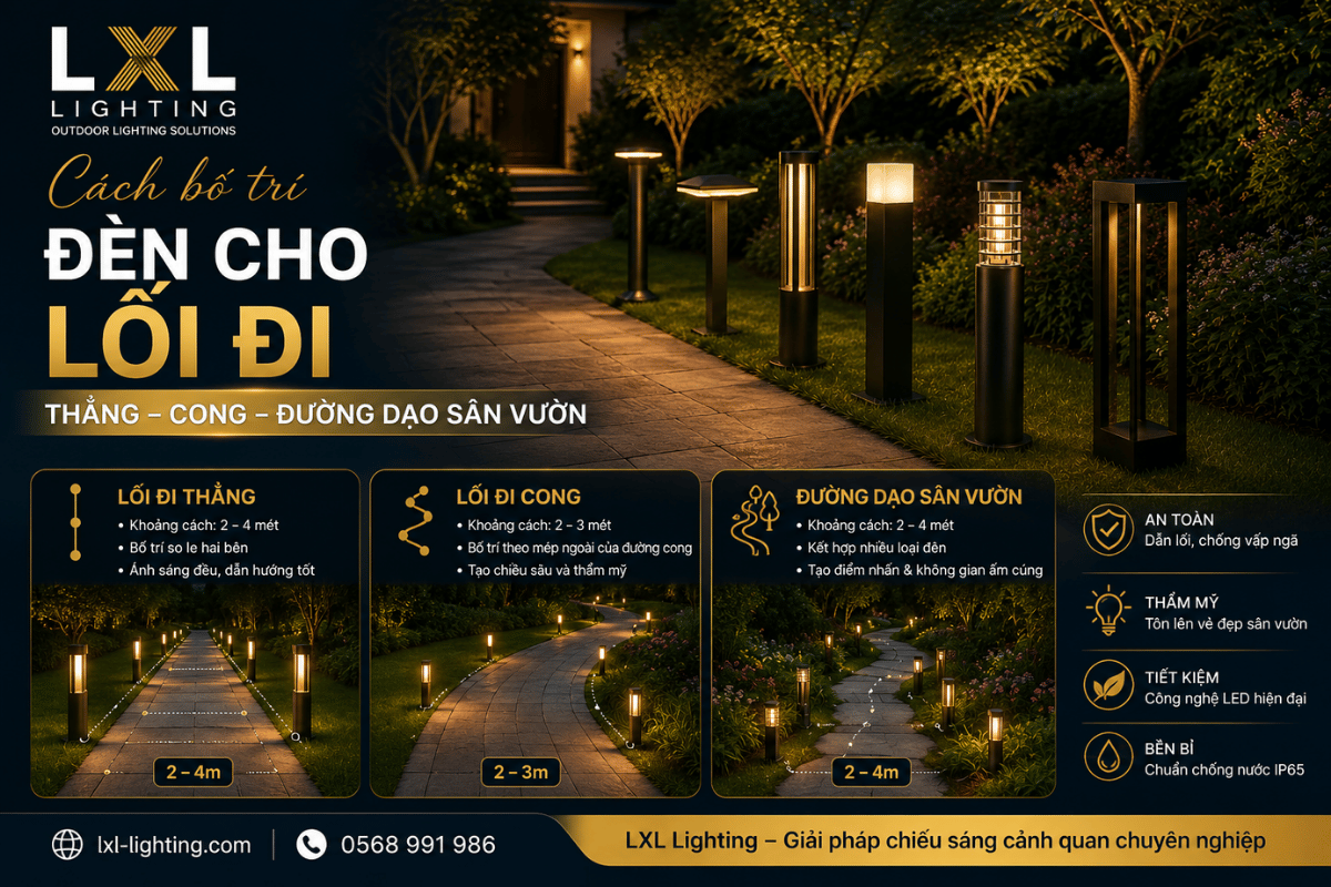 Cách bố trí đèn cho lối đi thẳng, lối cong và đường dạo sân vườn