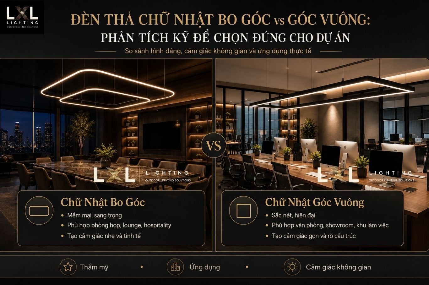 Đèn Thả Chữ Nhật Bo Góc vs Góc Vuông