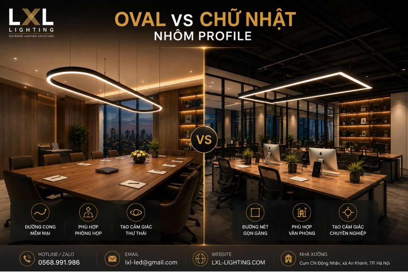 Đèn Thả Hình Oval vs Chữ Nhật Nhôm Profile: Khi Nào Chọn Cong, Khi Nào Chọn Thẳng?