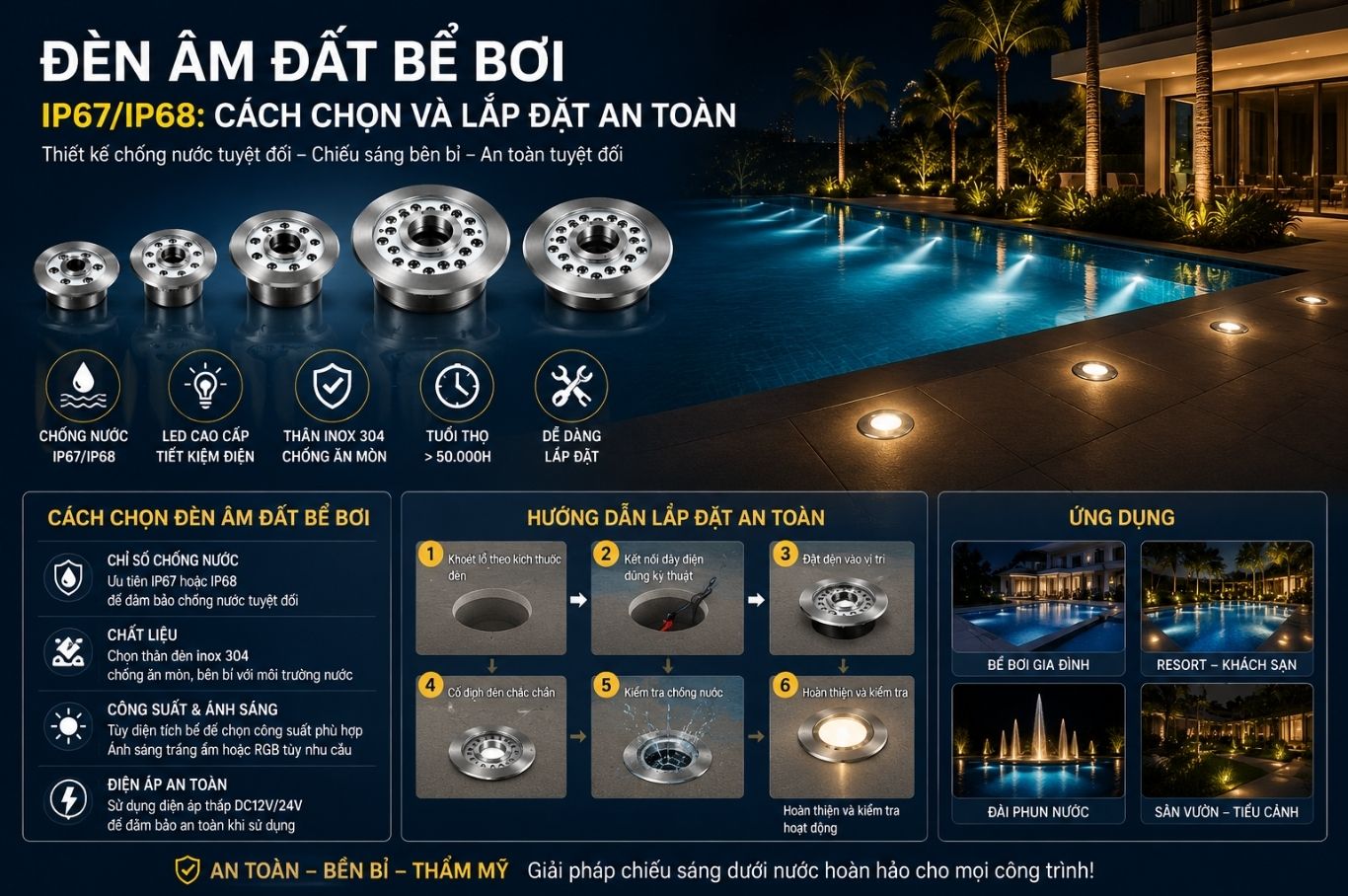 Đèn Âm Đất Bể Bơi IP67 & IP68— Hướng Dẫn Chọn & Lắp Đặt Chuẩn 2026