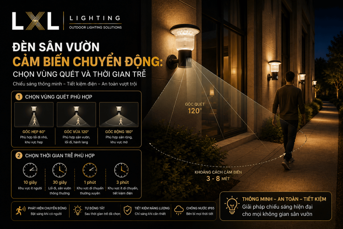 Đèn sân vườn cảm biến chuyển động: Chọn vùng quét và thời gian trễ