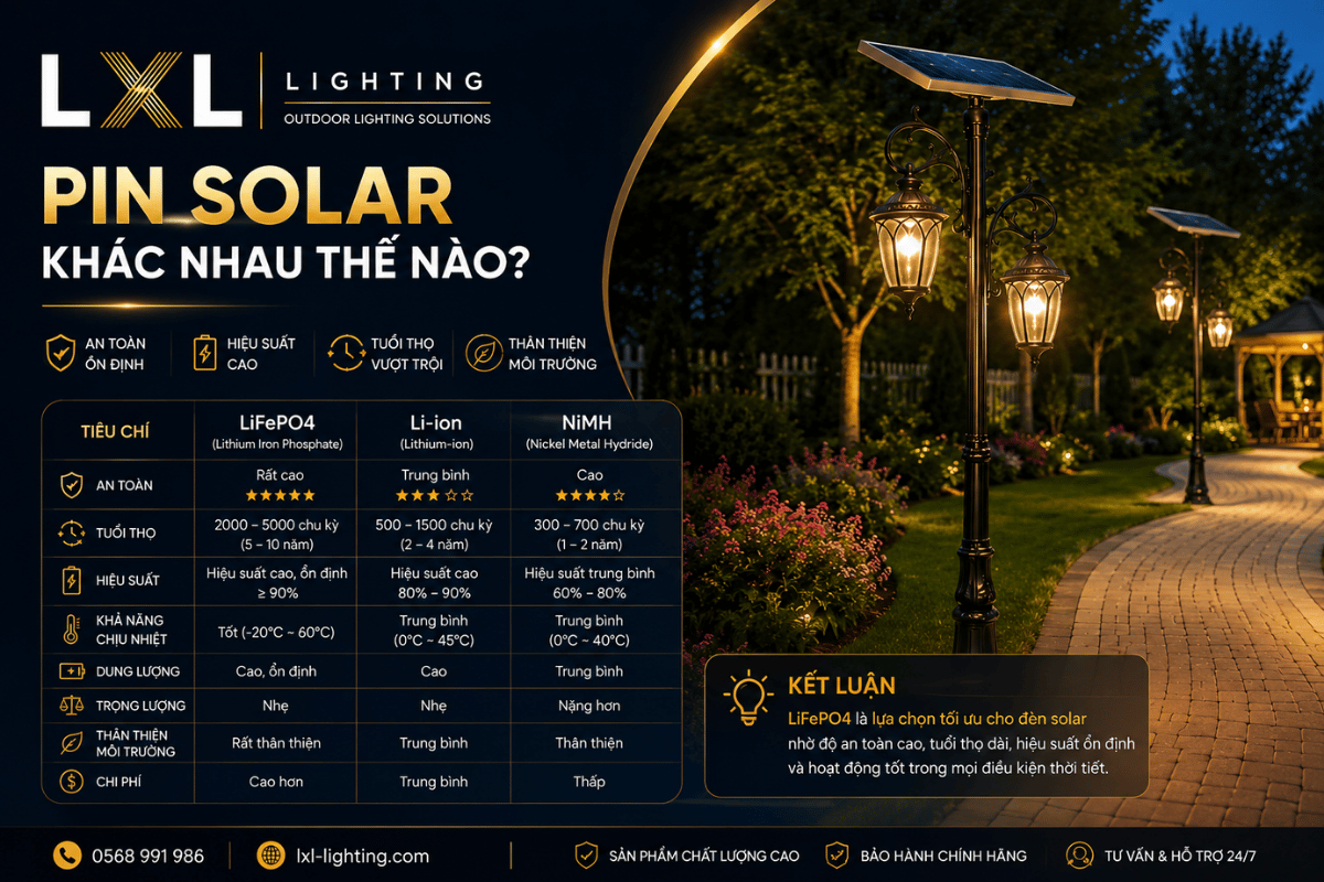 Pin LiFePO4, Li-ion và NiMH trong đèn solar khác nhau thế nào?