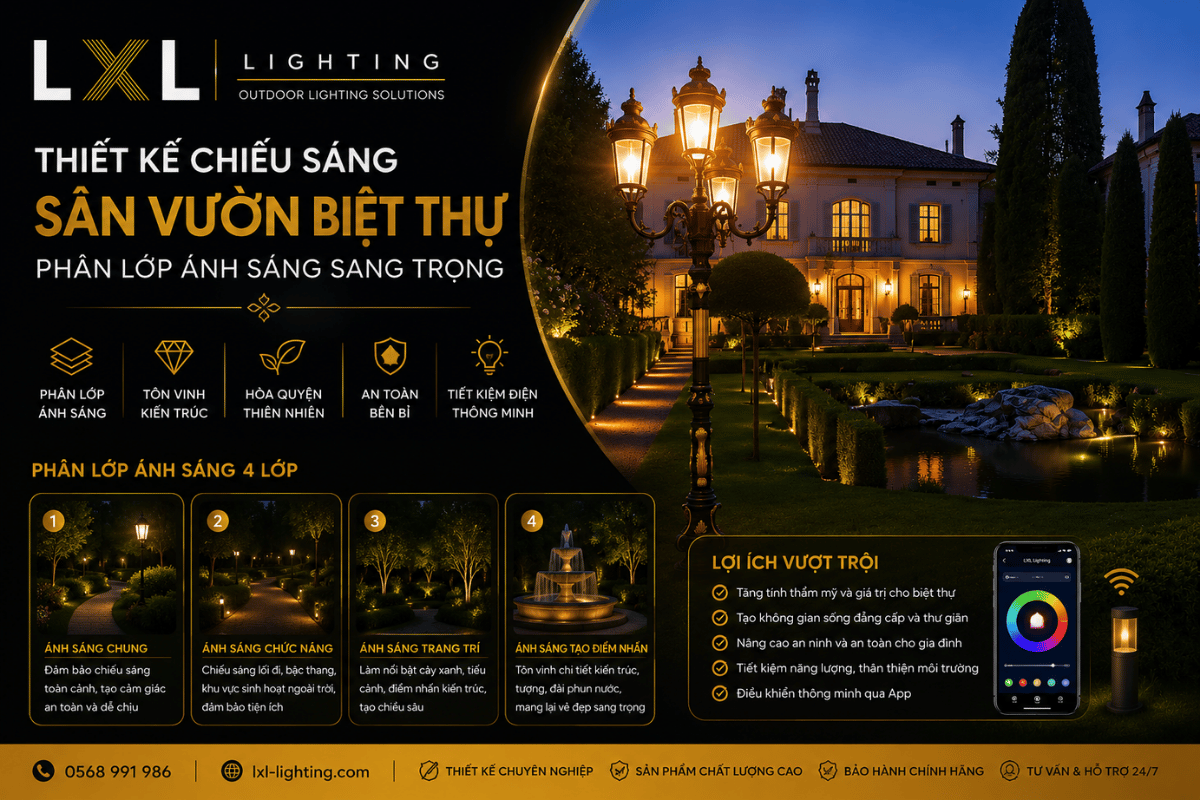 Thiết kế chiếu sáng sân vườn biệt thự: Phân lớp ánh sáng sang trọng