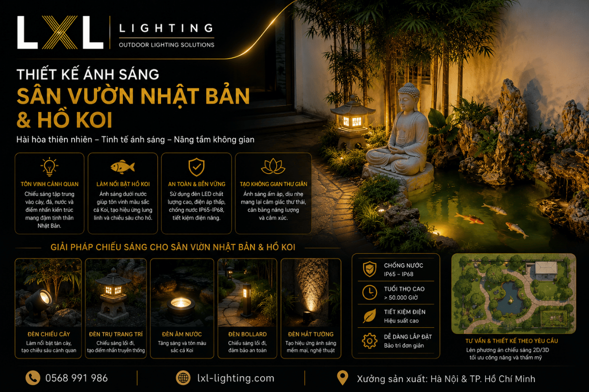 Thiết kế ánh sáng sân vườn Nhật Bản và hồ Koi