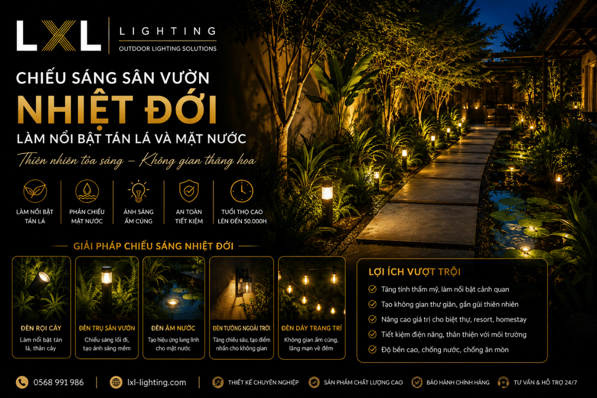 Chiếu sáng sân vườn nhiệt đới: Làm nổi bật tán lá và mặt nước