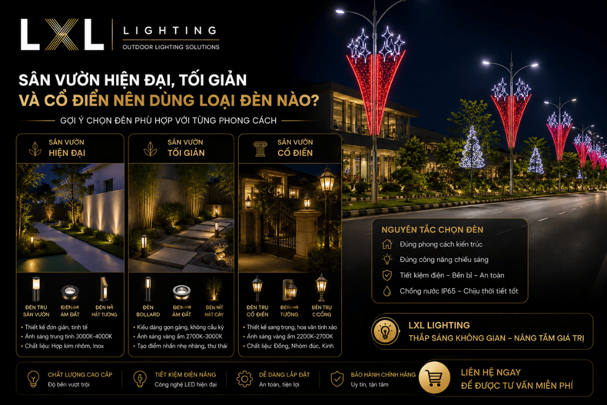 Sân vườn hiện đại, tối giản và cổ điển nên dùng loại đèn nào?