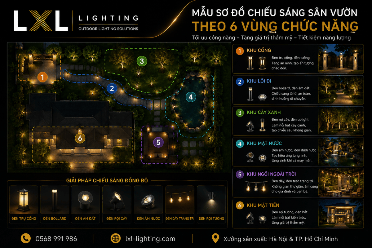 Mẫu sơ đồ chiếu sáng sân vườn theo 6 vùng chức năng