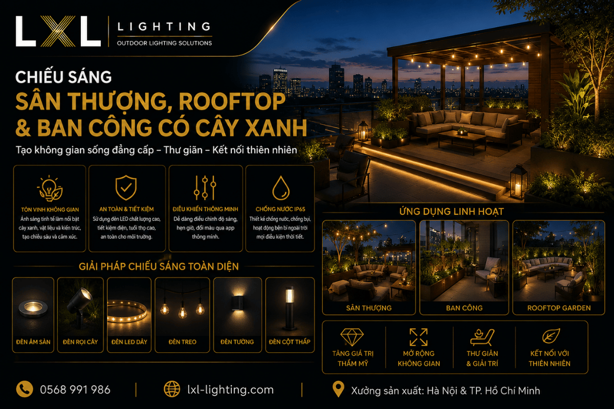 Chiếu sáng sân thượng, rooftop và ban công có cây xanh