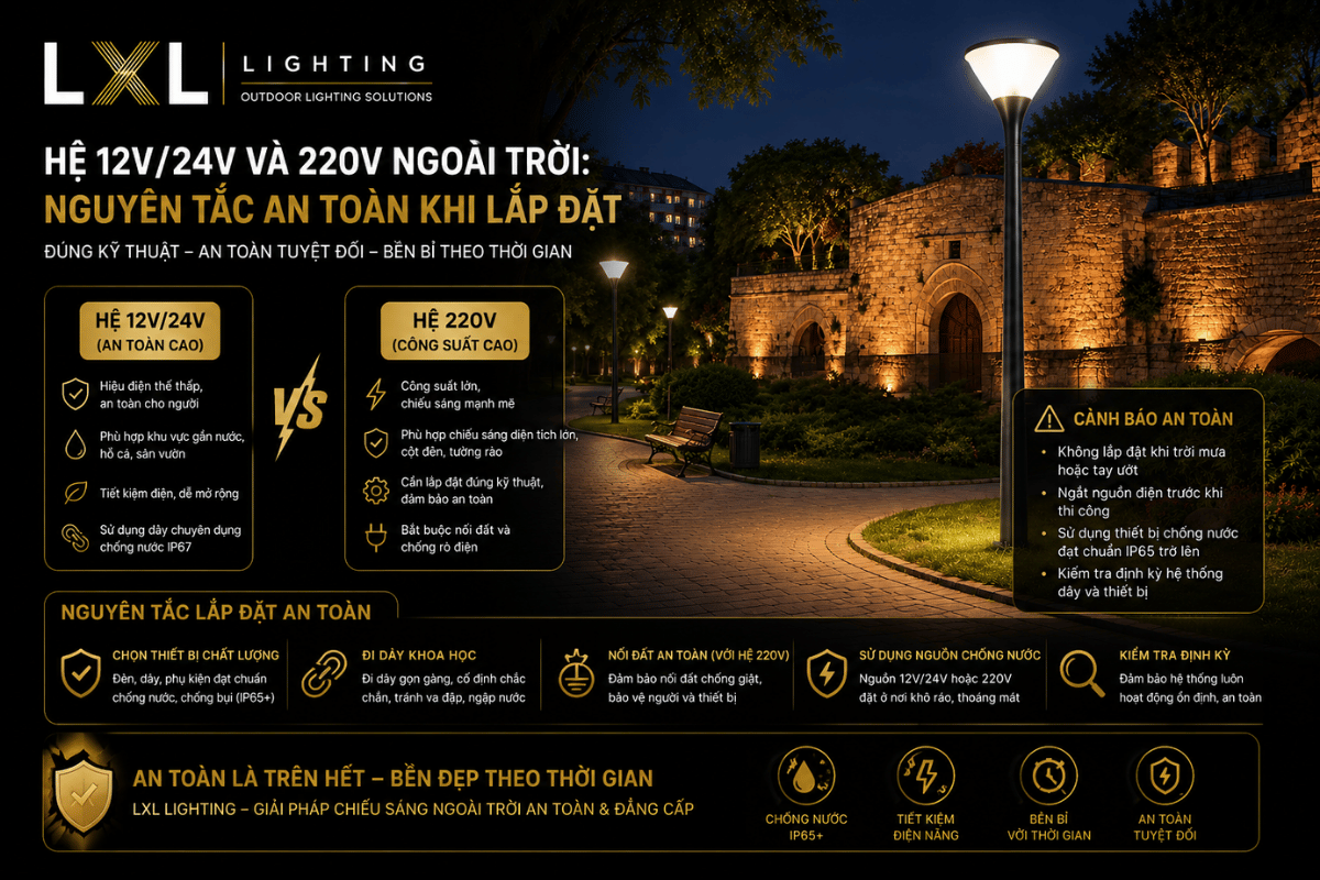 Hệ 12V/24V và 220V ngoài trời: Nguyên tắc an toàn khi lắp đặt