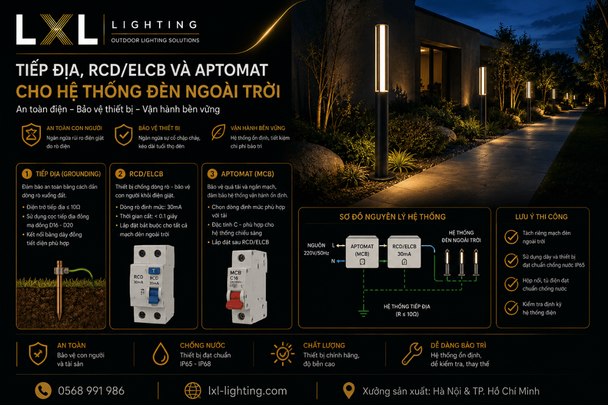 Tiếp địa, RCD/ELCB và aptomat cho hệ thống đèn ngoài trời