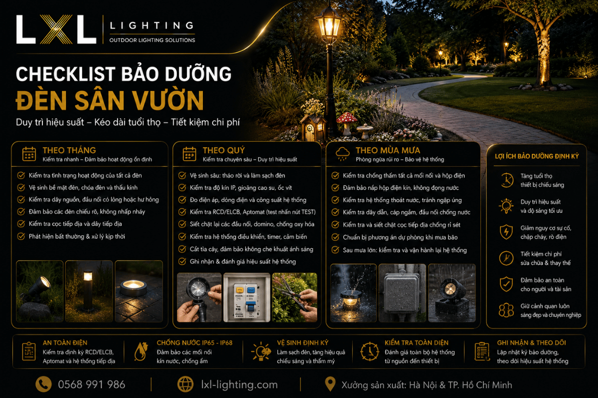 Checklist bảo dưỡng đèn sân vườn theo tháng, quý và mùa mưa