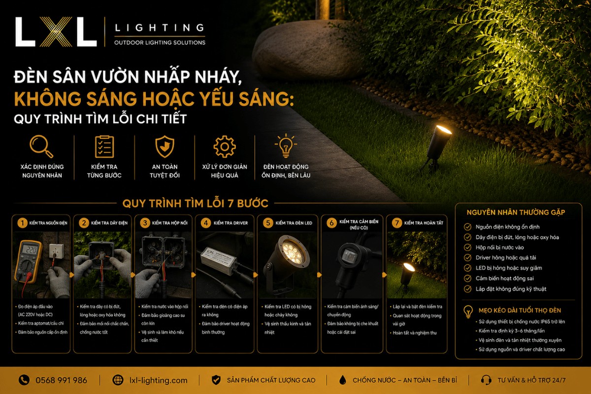 Đèn sân vườn nhấp nháy, không sáng hoặc yếu sáng: Quy trình tìm lỗi