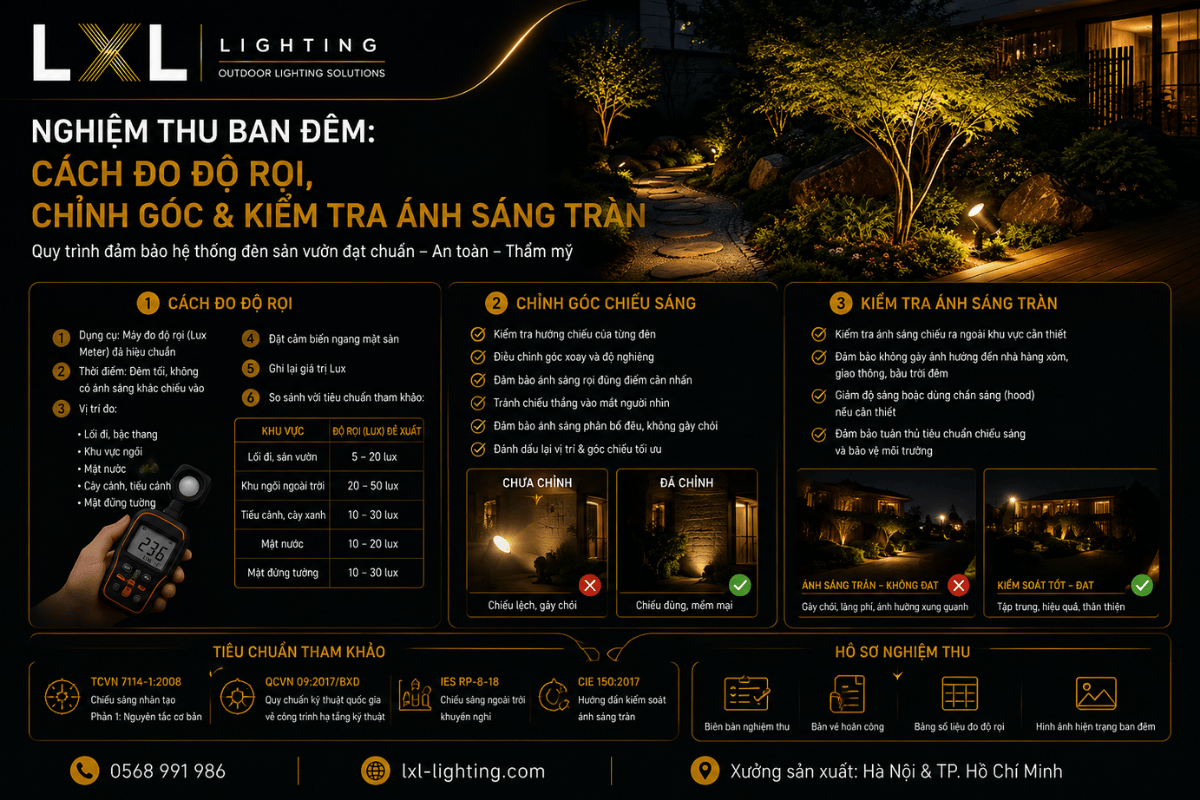 Nghiệm thu ban đêm: Cách đo độ rọi, chỉnh góc và kiểm tra ánh sáng tràn
