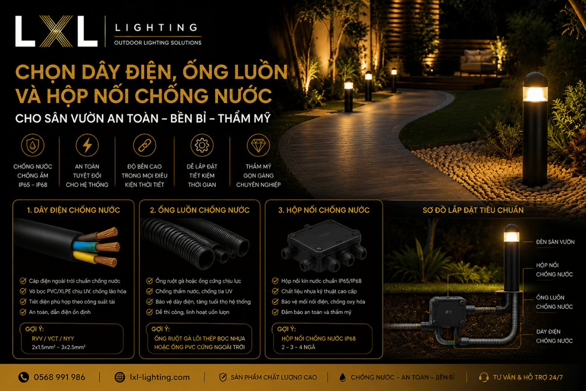 Chọn dây điện, ống luồn và hộp nối chống nước cho sân vườn