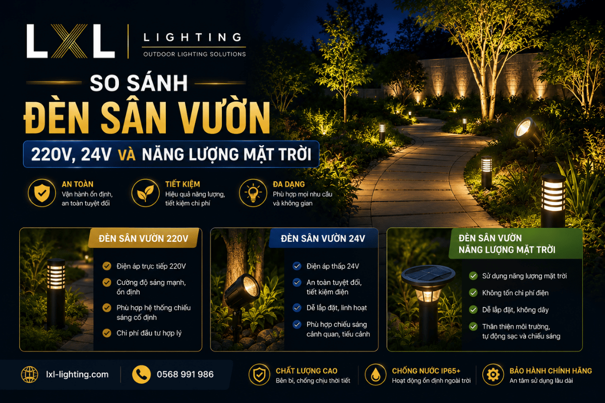So sánh đèn sân vườn 220V, 24V và năng lượng mặt trời