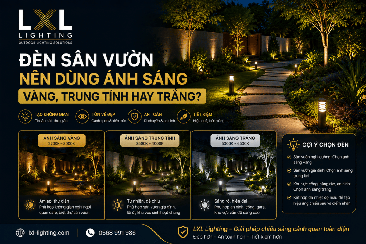Đèn sân vườn nên dùng ánh sáng vàng, trung tính hay trắng?