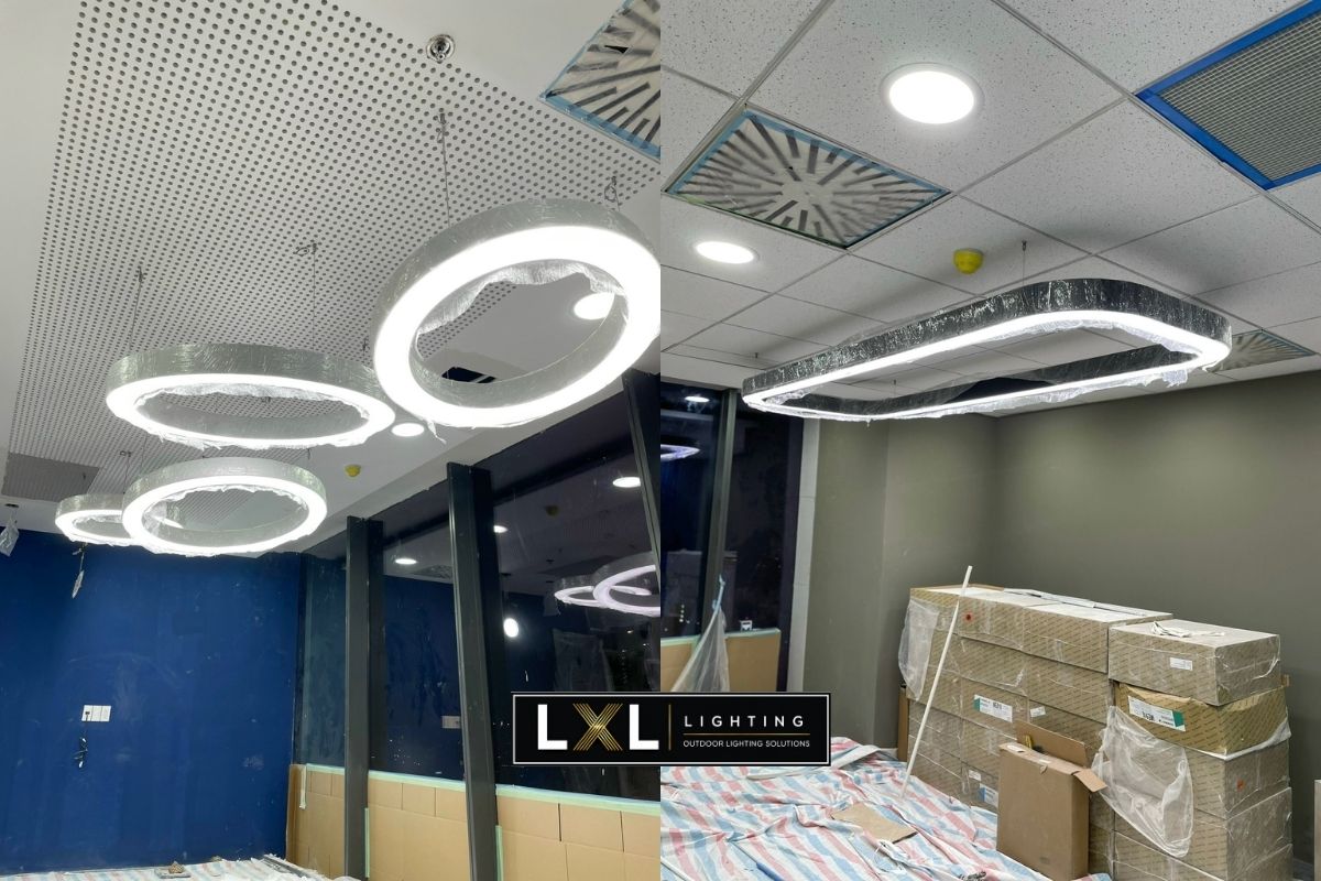 Lắp đặt các cụm đèn vòng và khung chữ nhật theo thiết kế