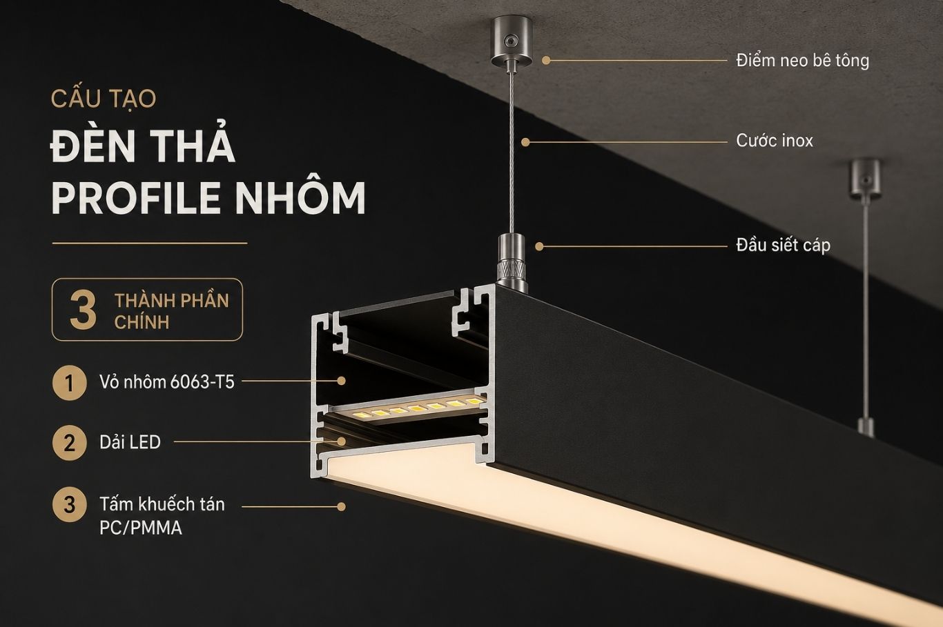 Đèn thả thanh nhôm profile 