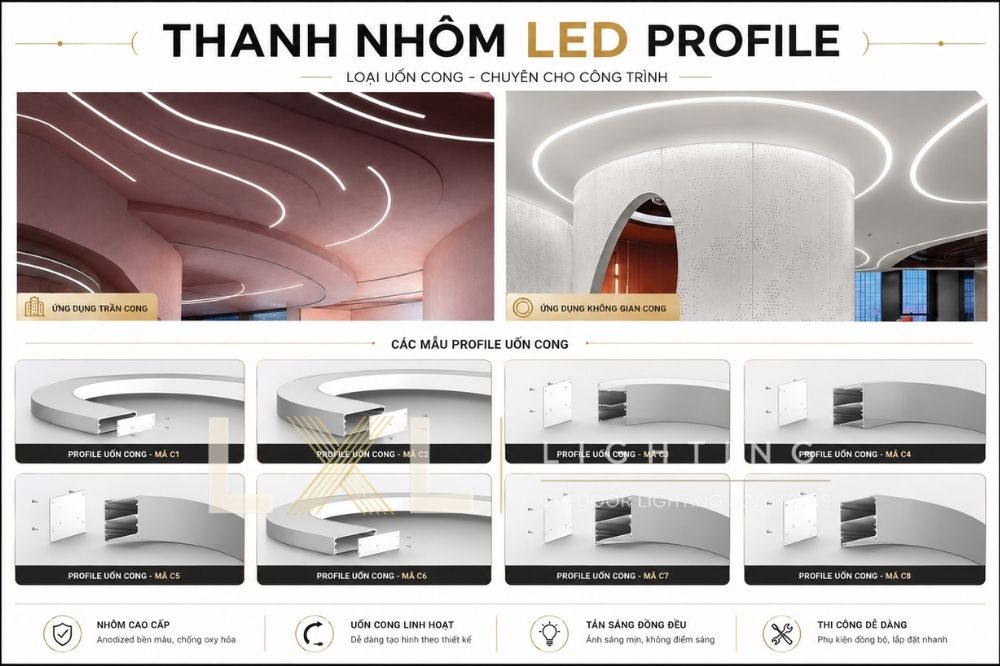 Đèn nhôm profile âm trần uốn cong