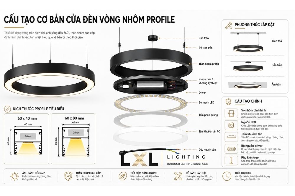 Cấu Tạo Đèn Thả Vòng Tròn Nhôm Profile